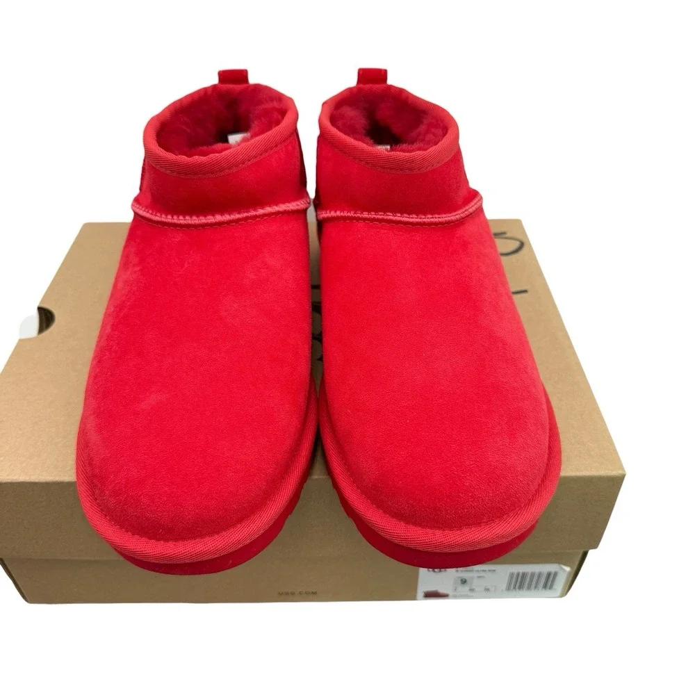 UGG Classic Ultra Mini Samba Red Suede Fur Comfort Womens Boots SZ US 9 NIB Read